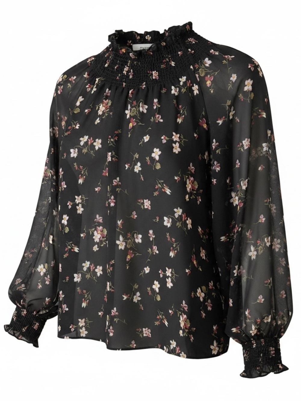 Madewell Black Floral Smocked Mock Neck Blouse Size M